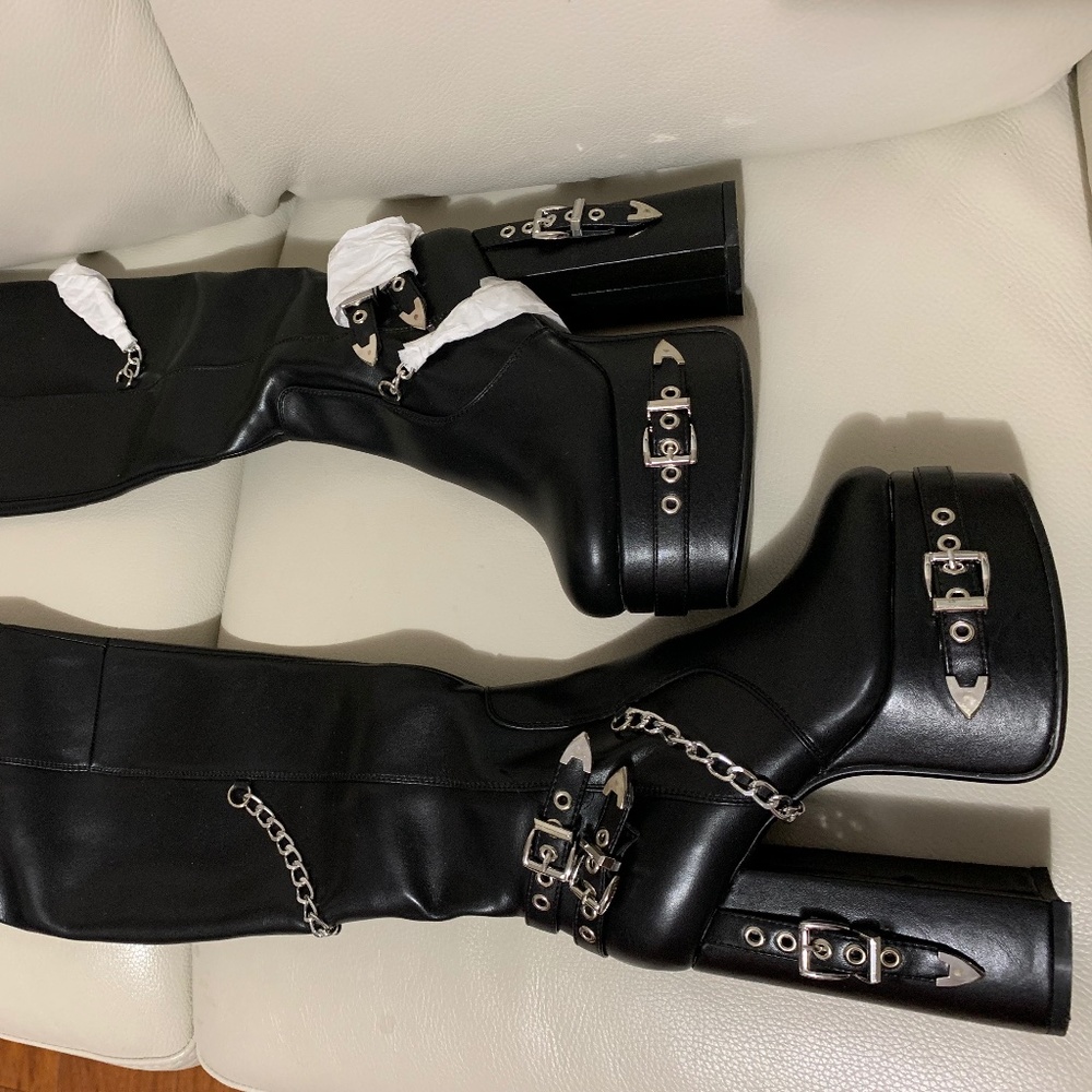 Dolls Kill Lamoda chunky over the knee boots, black faux leather size 7